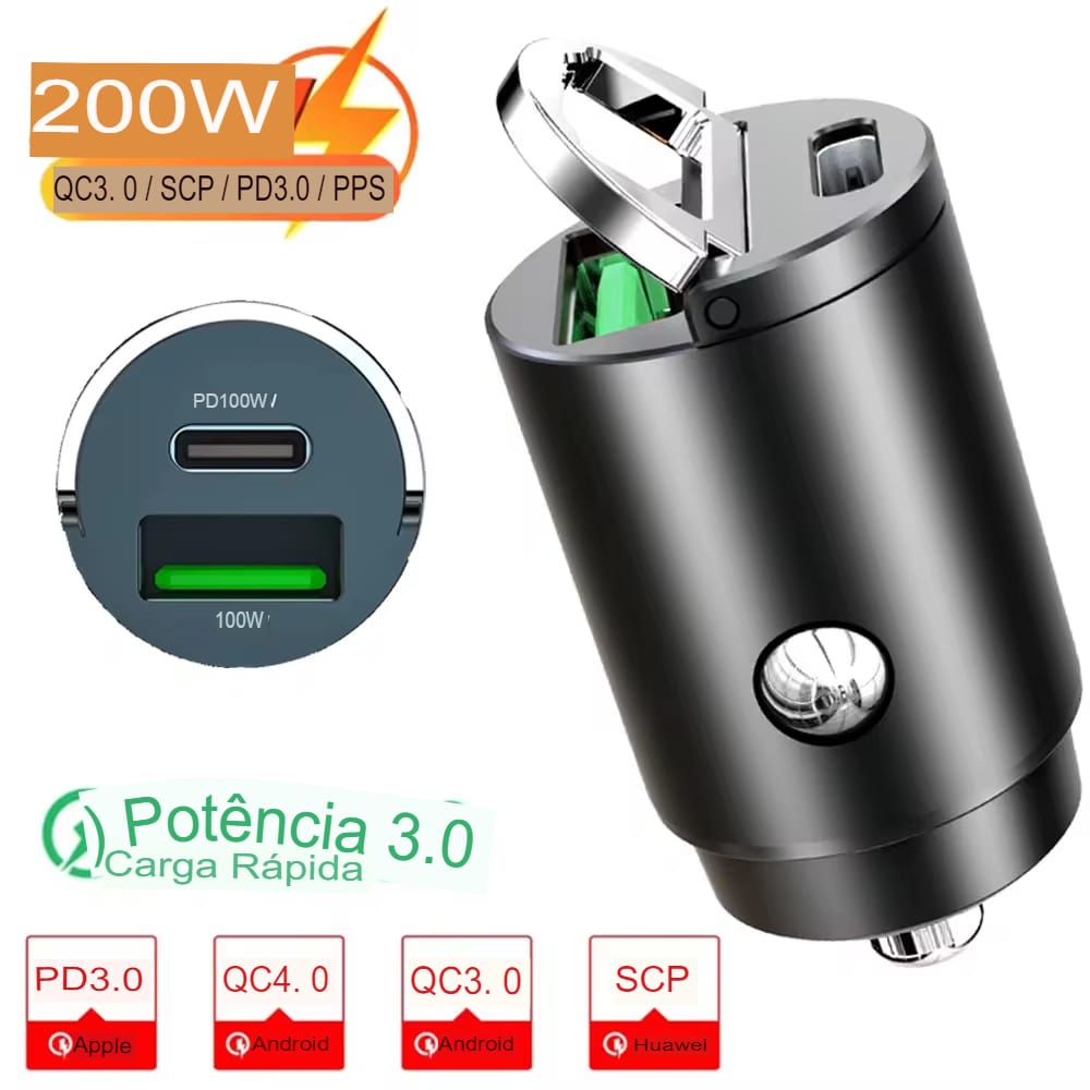 Carregador Rápido QC3.0/PD 200W para Carro USB C e iPhone - Imagem 7