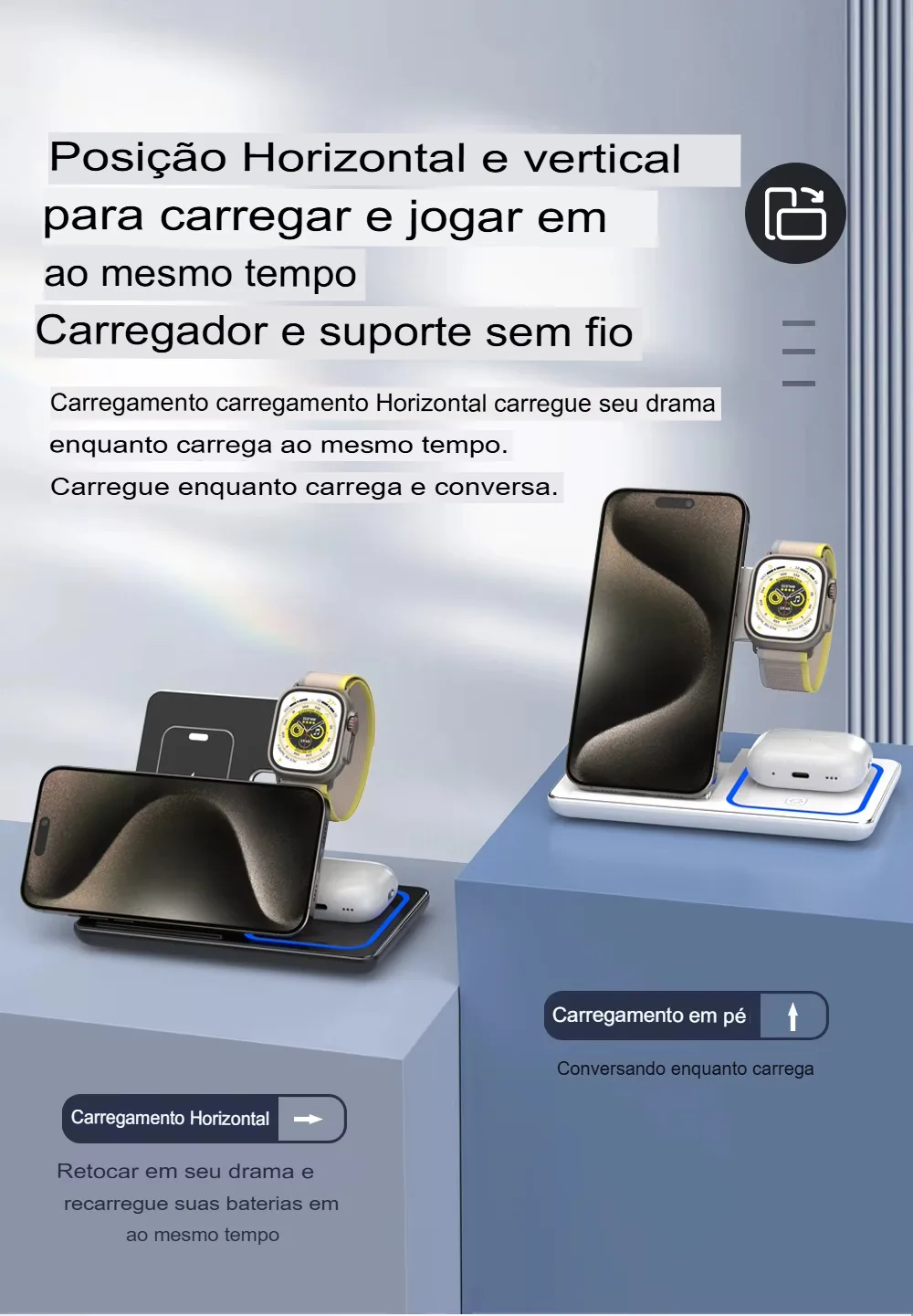 Carregador Sem Fio 3 em 1 Dobr&aacute;vel 30W para iPhone, Apple Watch e AirPods - Imagem 13