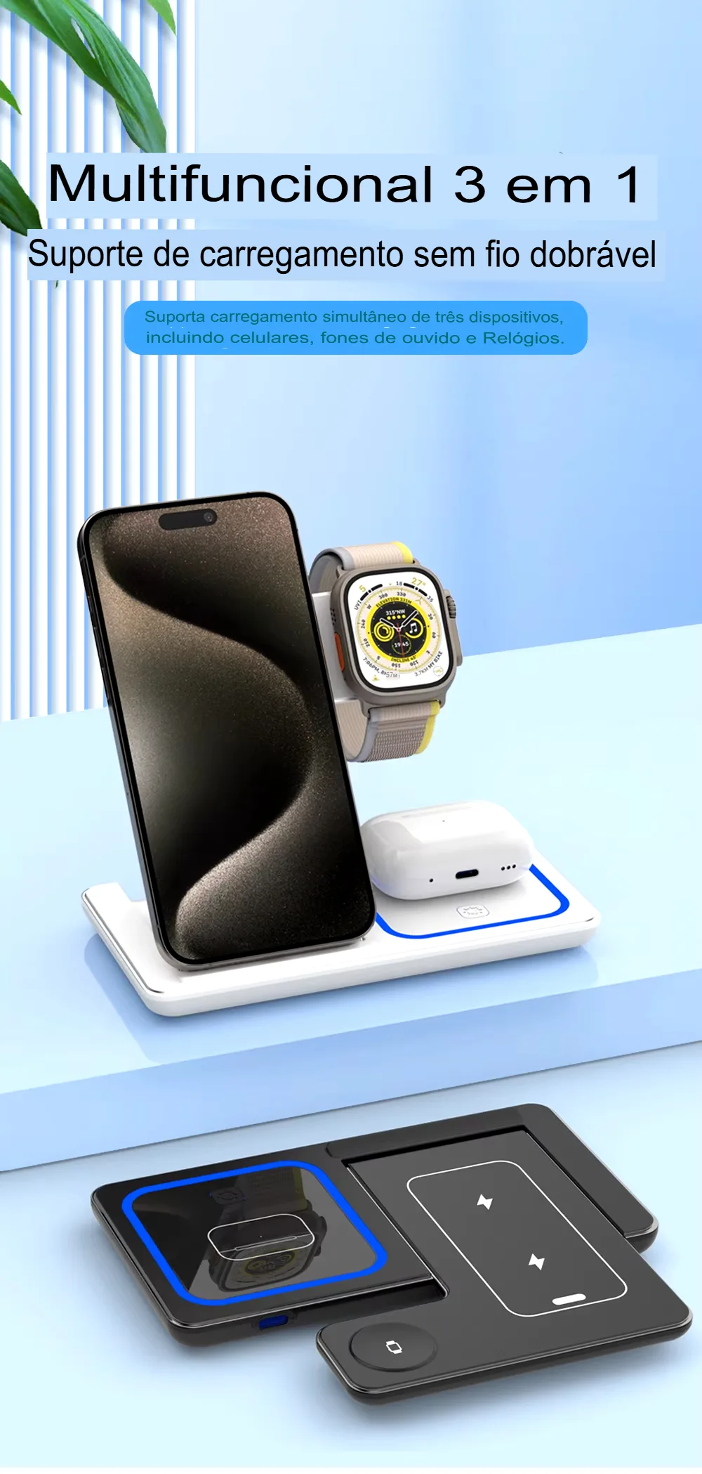 Carregador Sem Fio 3 em 1 Dobr&aacute;vel 30W para iPhone, Apple Watch e AirPods - Imagem 9