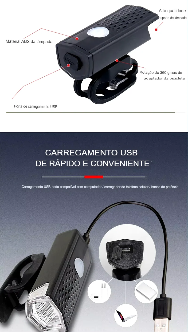 Conjunto de Luz USB Recarregável para Bicicleta com Lanterna e Farol Traseiro - Imagem 14