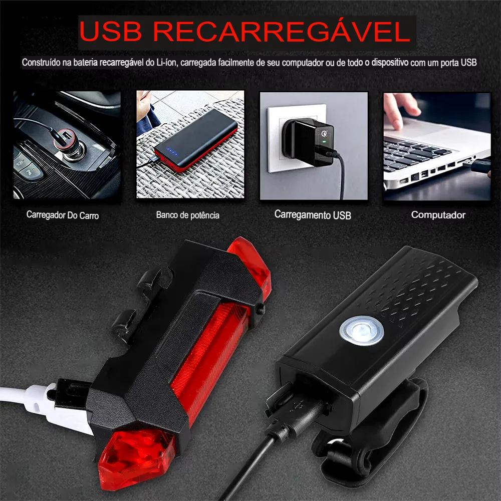 Conjunto de Luz USB Recarregável para Bicicleta com Lanterna e Farol Traseiro - Imagem 15