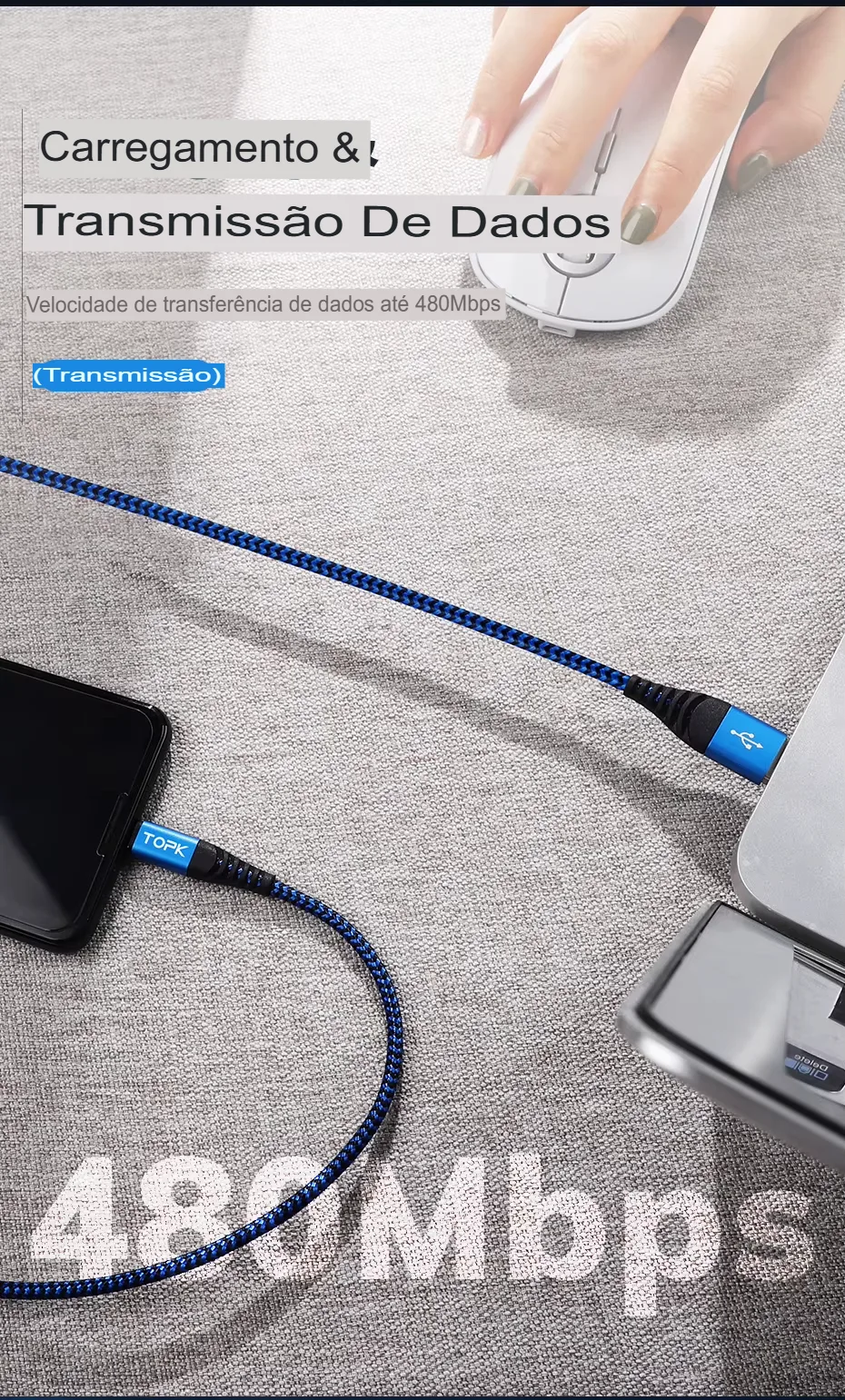 Cabo USB-C de 1m e 2m para Carregamento Rápido Compativel com Samsung e Outros - Imagem 8