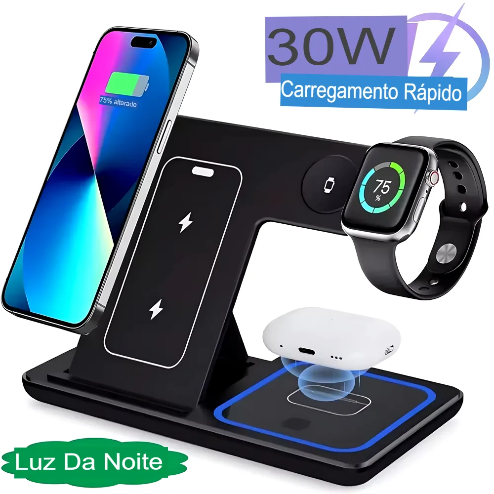 Carregador Sem Fio 3 em 1 Dobr&aacute;vel 30W para iPhone, Apple Watch e AirPods