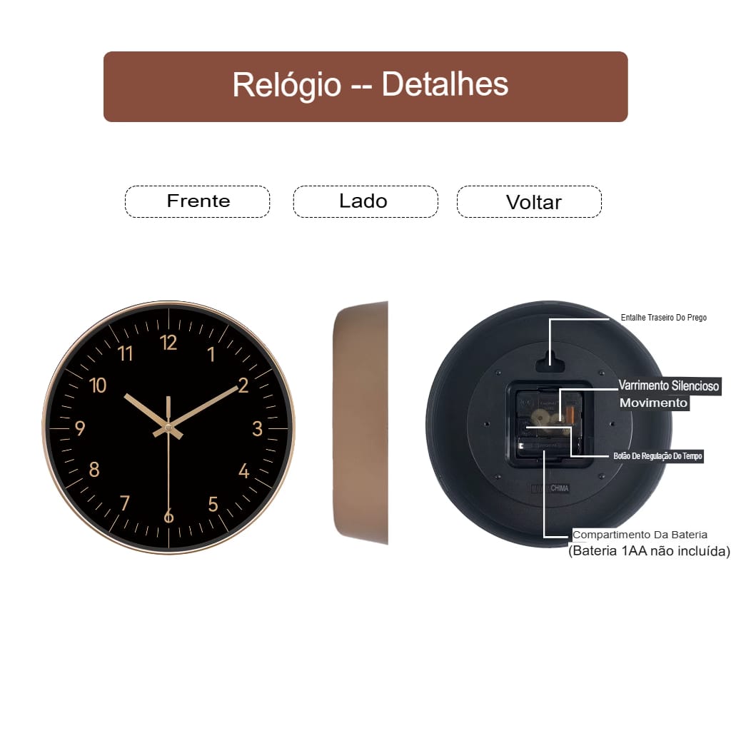 Relógio de Parede Minimalista Preto e Dourado Silencioso e Elegante para Decoração - Imagem 10
