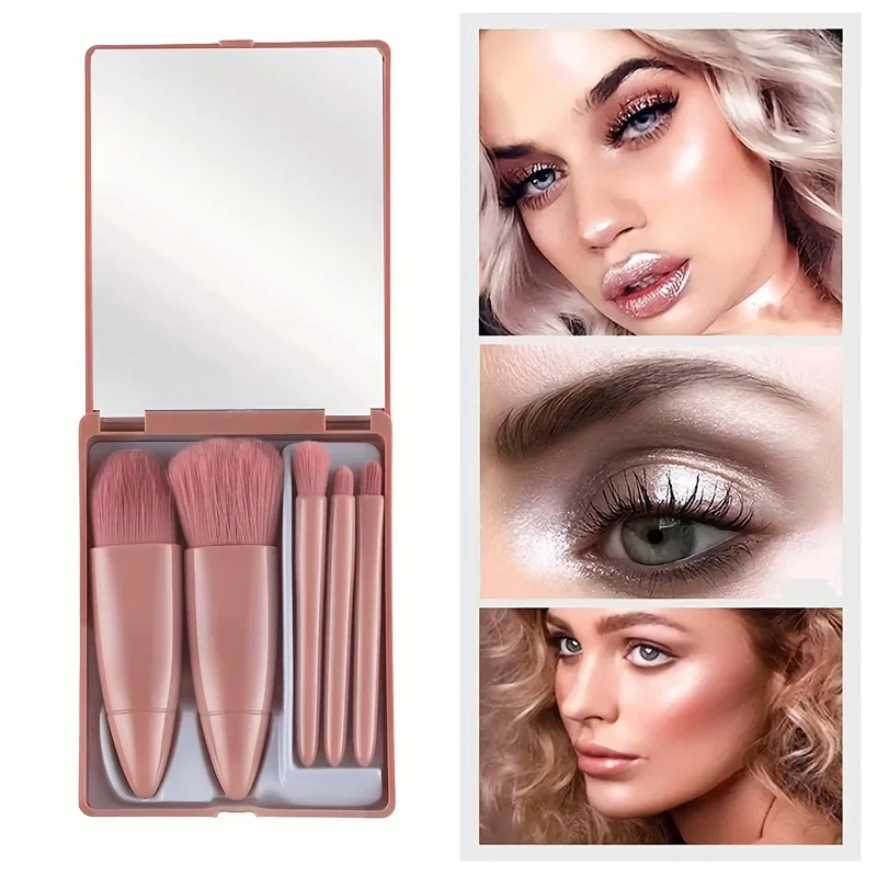Kit Mini Pincéis de Maquiagem 5 Peças com Espelho - Cerdas Macias e Precisão Compacta - Imagem 5